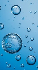 Numerous water bubbles varying sizes on blue background. Suitable for spa, relaxation, skincare, beauty, clean water concepts.