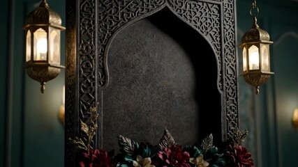Ornate Niche with Lanterns and Floral Arrangement - A stylized, ornate niche is centered in the video, framed by intricate carvings and flanked by hanging brass lanterns. - Powered by Adobe