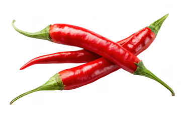 Three vibrant red chili peppers crossed on a transparent background