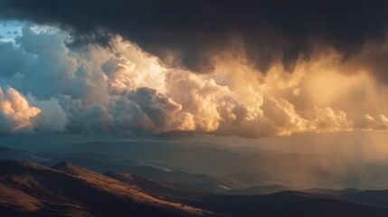 Dramatic storm clouds over rolling hills at sunset
