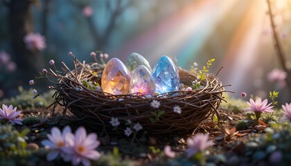 Easter nest with crystal eggs reflecting rainbow light, dreamy and magical atmosphere, artistic background