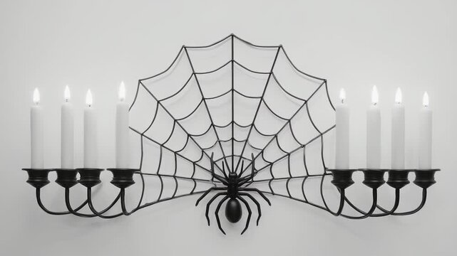A black spider rests on a black web among the black candles. The black candelabra holds white candles within its black design, with the black spider in the center.