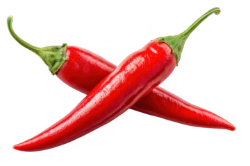 Two vibrant red chili peppers crossed against a stark transparent background