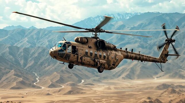 Dramatic image of a military helicopter gunship flying low over rugged terrain, its heavy armament clearly visible &mdash; conveying power, precision, and intense tactical readiness.
