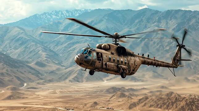Dramatic image of a military helicopter gunship flying low over rugged terrain, its heavy armament clearly visible &mdash; conveying power, precision, and intense tactical readiness.
