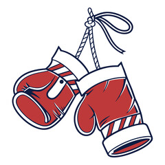 Red boxing gloves hanging by rope navy blue white