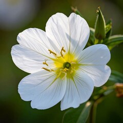 Fototapeta premium Close-up of a pristine white flower, centered, with a bright yellow heart. Soft focus on background