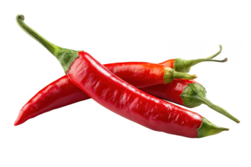 Vibrant red chili peppers with green stems isolated on a transparent background