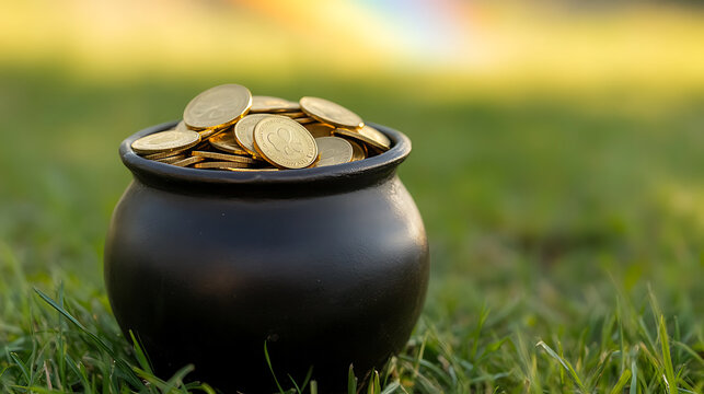 Pot of Gold Under Rainbow: A treasure-filled pot sits in a field, promising wealth and luck. A vibrant rainbow arches overhead, completing the scene. - Powered by Adobe