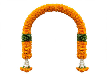 Marigold flower garland with green leaves on white background.