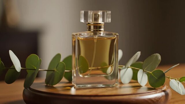 Elegant Perfume Bottle Still Life - A rectangular clear glass perfume bottle with a gold top rests on a wooden surface, adorned with sprigs of eucalyptus leaves.