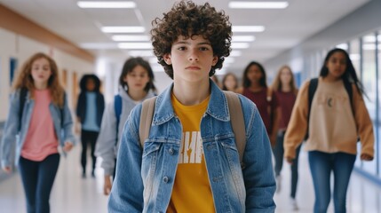 Group of diverse high school students walking together down a bustling school hallway, with a teenage boy confidently leading the way, showcasing friendship and camaraderie in education