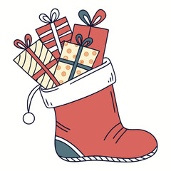 Red Santa boot overflowing with gift boxes christmas