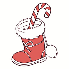 Red Santa boot with candy cane and white pom Christmas