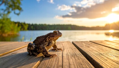 A toad sits on a wooden dock by a serene lake at sunset