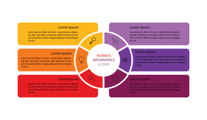 Editable business infographic template design with 6 steps. Infographic template which can be used for presentations banners, workflow layout, annual report, web design.	