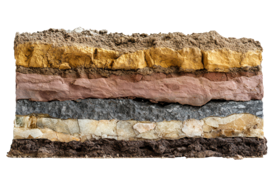 Cross section showing layers of unstable soil beneath the surface in an unnamed location at midday revealing varying textures and colors