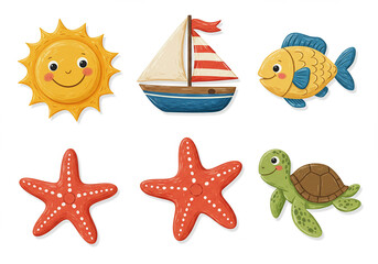 Cartoon sea animals set on white background.