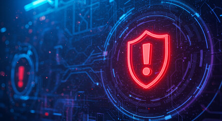 red alert of cyber threat and digital security breach on a high-tech abstract electronic circuit background, data security risk and vulnerability with a red exclamation mark