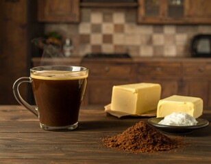 Dark coffee in a glass mug, butter, and coffee powder on a wooden table in a kitchen setting