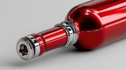 Shiny red bottle neck with silver detail close up
