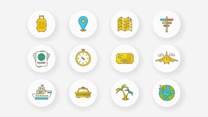 A set of 12 flat travel icons featuring luggage, maps, plane, passport, taxi, cruise ship, and globe. Perfect for vacation apps, websites, and infographics.