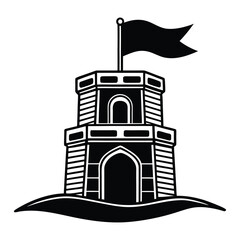 Naklejka premium Lighthouse on Hill Silhouette with Flag Tower - Vector Illustration on White Background