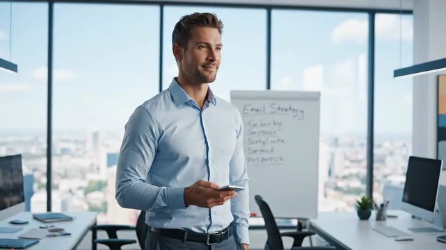 Businessman Using Voice Assistant on Smartphone - A handsome businessman in a blue shirt is holding his smartphone up to his mouth to use the voice assistant function.