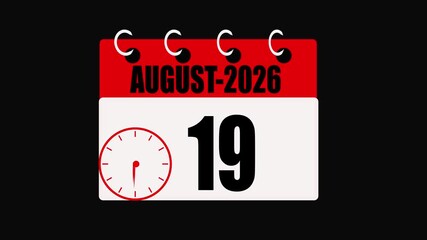 August 2026 Calendar Page Showing the 19th Day and a Clock Icon date 4k video .