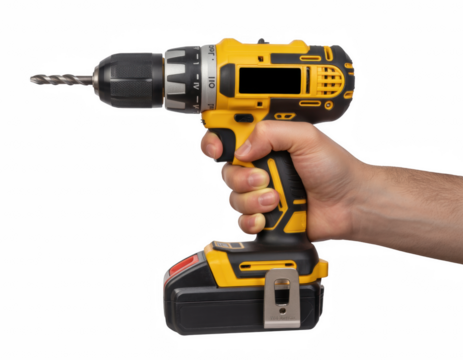 Hand holding yellow cordless power drill with metal bit  
