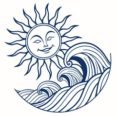 Smiling sun and ocean waves graphic icon water
