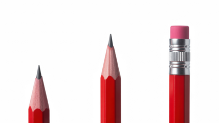 Three red pencils with sharpened tips and pink eraser  
