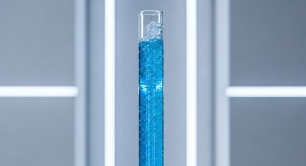 Clear tube filled with sparkling blue liquid on modern background. Suitable for science, technology, chemistry, innovation, beauty products concepts.