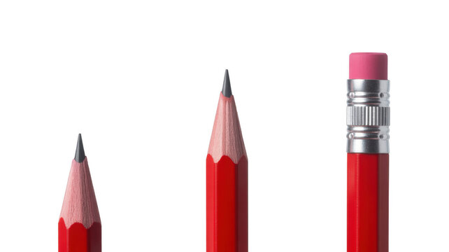 Three red pencils with sharpened tips and pink eraser  
