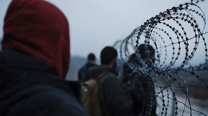 Barbed wire and migrants. A symbol of borders, displacement, and the human cost of global migration, highlighting the struggle for safety and security.