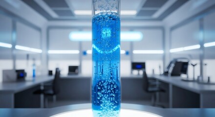 Futuristic science lab with glowing blue liquid in tube. Suitable for tech or sciencerelated designs and marketing materials.