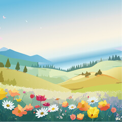 Fototapeta premium Scenic landscape with mountains, flowers, and a lake