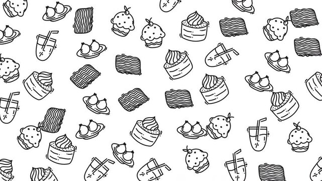 Doodle food pattern with handdrawn black doodles of dessert, drink, pasta, and fruit. Suitable for playful and fun designs.