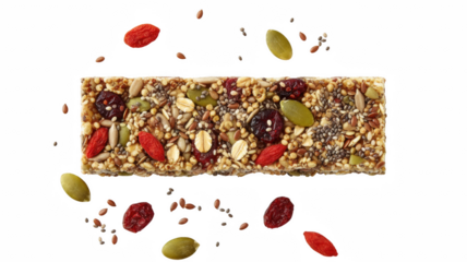 Granola energy bar with seeds nuts and dried fruit  
