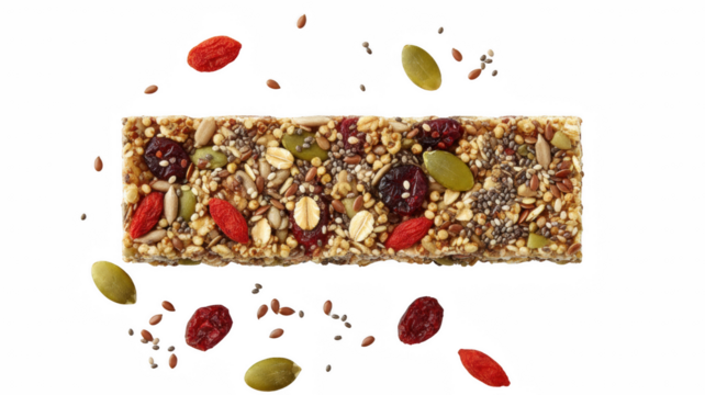 Granola energy bar with seeds nuts and dried fruit  
