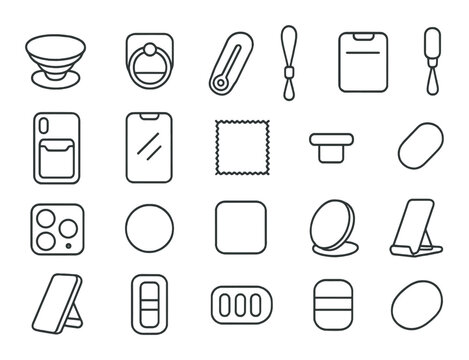 Vector icons of smartphone accessories on textured gray background