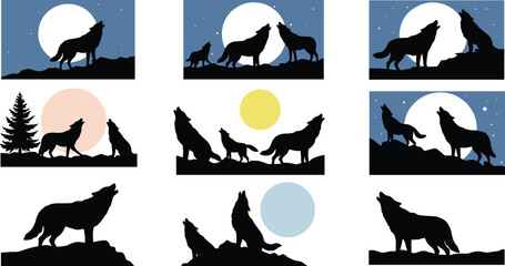Wolves Howling at the Moon in Silhouettes with Stars, Trees, and Terrain — Nighttime Wildlife Vector Set for Nature, Folklore, and Fantasy Design
