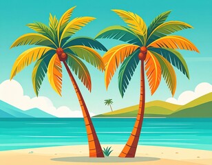 Obraz premium Pixelated Tropical Beach Scene with Palm Trees Ocean and Sky under Sunlight