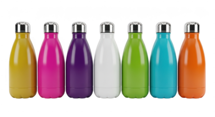 Nine colorful plastic water bottles with silver caps isolated on transparent background