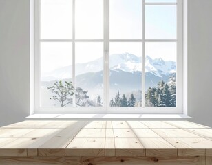 Fototapeta premium Wooden Tabletop Facing a Large Window with a Mountain View and Sunlight