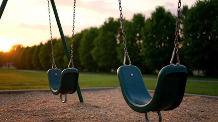 Empty Swings at Sunset - This video shows empty swings on a playground bathed in the warm light of a setting sun.