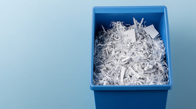 Blue Container with Shredded Paper. Represents document destruction, secure disposal, and recycling. Ideal for office management.