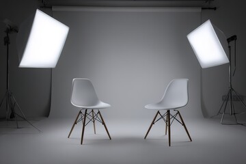 Fototapeta premium Two modern chairs positioned in a minimalistic studio setting with professional lighting equipment