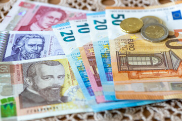 Eurozone Bulgaria. Financial and business concept. Bulgaria money. 50 levs and euro