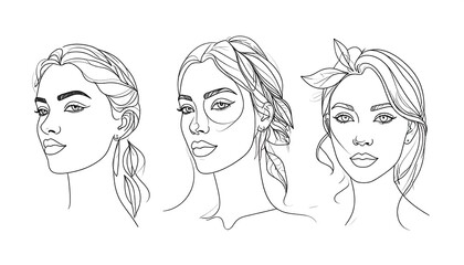 Three female faces, line art style